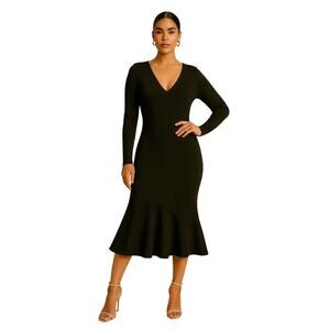 French Connection Black V Neck Midi Dress Flowy Hem Minimalist Chic Stretch